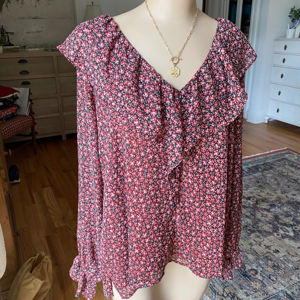 LOFT Pink Floral Ruffle V-Neck Blouse